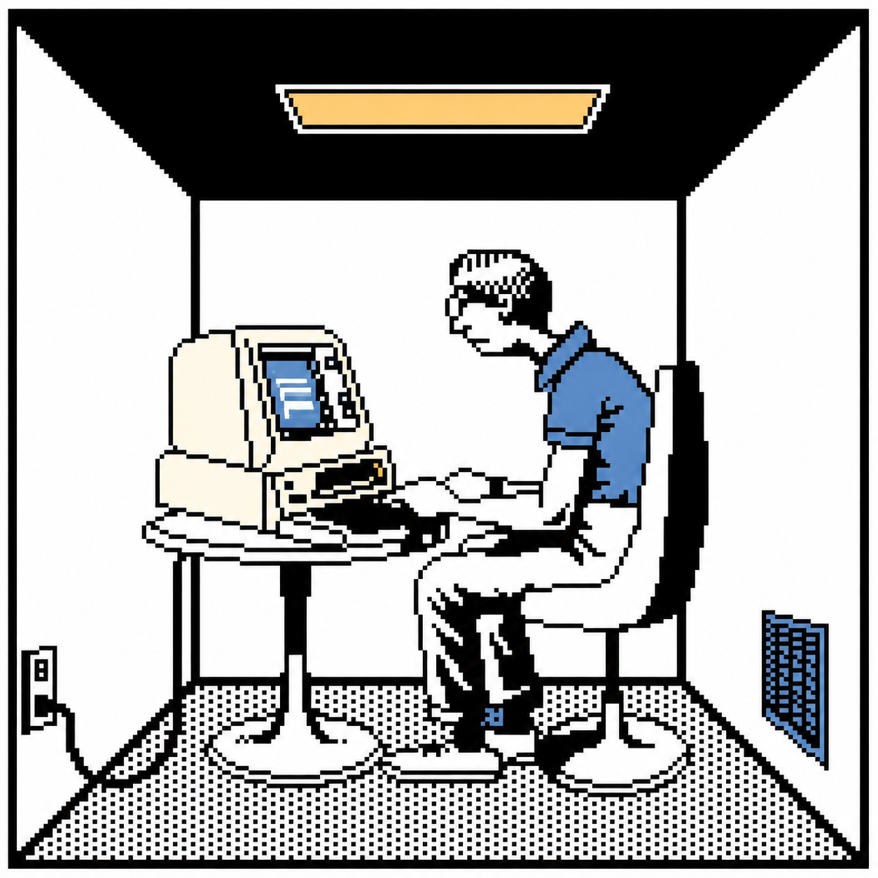 Pixel art illustration of a person at a computer